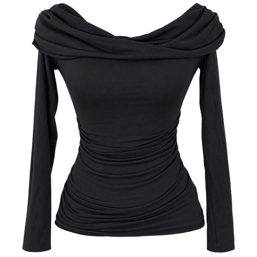 DISSH Black Ruched Off The Shoulder Long Sleeve Cowl Neck Top XS Whimsigoth Date
